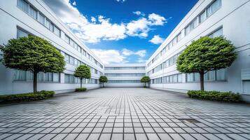 Modern Courtyard Sunny Sky, White Building, Green Trees photo