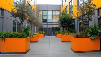 Modern courtyard Orange planters, building, plants photo