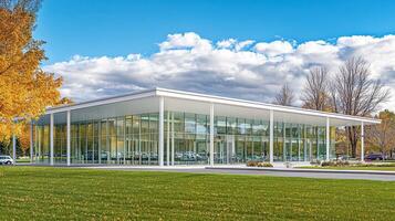 Modern glass building, autumn campus scene photo