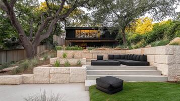 Modern home's backyard patio sunset seating photo