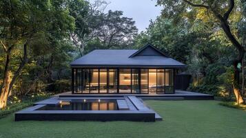 Modern house, twilight pool, lush garden, serene escape photo