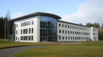 Modern office building, sunny day, forest backdrop, corporate photo