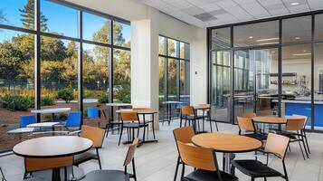 Modern office cafe, sunny courtyard view photo