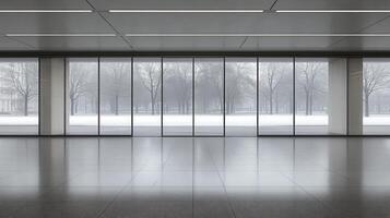 Modern office, snowy park view, winter design, meeting space photo