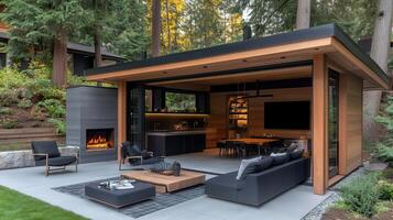 Modern outdoor kitchen, relaxing backyard, forest view photo