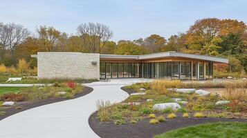 Modern pavilion, autumn landscape, winding path, nature reserve photo