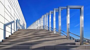 Modern rooftop stairs, city view, sunlight, architectural design photo