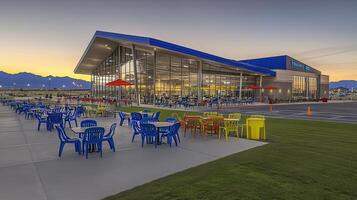 Modern roadside cafe sunset mountains photo