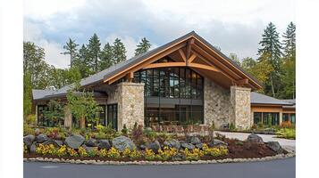 Modern stone building, forest backdrop, landscaped grounds, healthcare facility photo