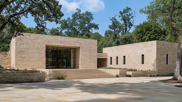 Modern stone building entrance, landscaped grounds, sunny day photo
