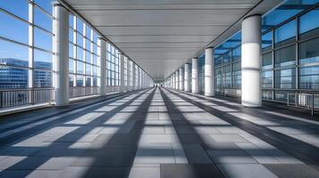 Modern walkway, city view, sunlight shadows, travel photo