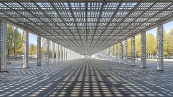 Modern walkway, sunlight patterns, urban park, trees photo