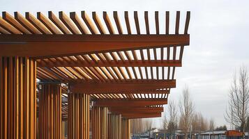 Modern wooden pergola, park shelter, winter photo