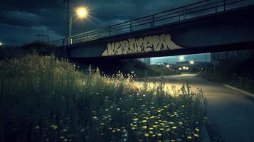 Night bridge graffiti, urban plants, path photo