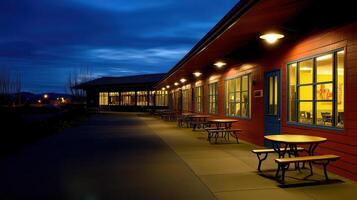 Nighttime building exterior, patio seating, dusk sky photo