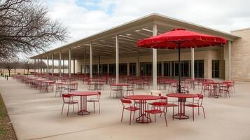 Outdoor campus cafe patio, empty tables, sunny day photo