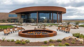 Outdoor fire pit, modern building, landscape, event space photo
