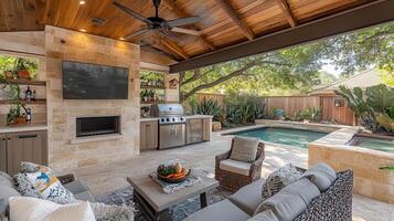 Outdoor Living Patio, Pool, Relaxation, Backyard Oasis photo