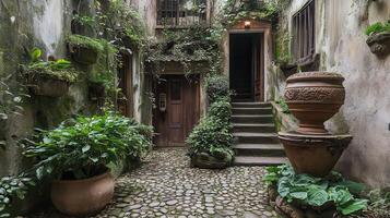 Overgrown Courtyard, Stone Steps, Secret Garden, Italy photo
