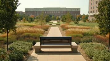 Park bench, campus pathway, autumn grasses, office buildings photo