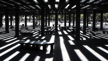 Park Pavilion Sunbeams, Concrete Benches, Shade photo