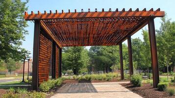 Park pergola pathway, trees, sunny day, relaxing photo