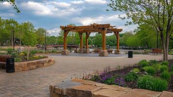 Park pergola, scenic waterway, spring bloom, relaxation photo