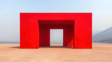 Red portal, lake view, mountains, outdoor art installation photo