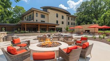 Resort patio fire pit, summer gathering, building backdrop photo
