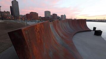 Riverfront skate park sunset cityscape photo
