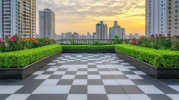 Rooftop Garden Cityscape Sunset Relaxation photo