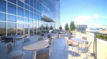 Rooftop terrace cafe, city view, sunny day, relaxation photo