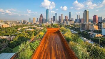 Rooftop walkway, city skyline view, Texas photo
