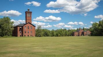 Rural brick buildings, sunny day, field, clouds, historical site photo