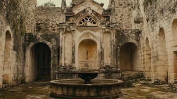 Ruin Courtyard Fountain, Stone Architecture, Overgrown photo