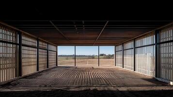 Rural building interior, open frame, sunny field view photo