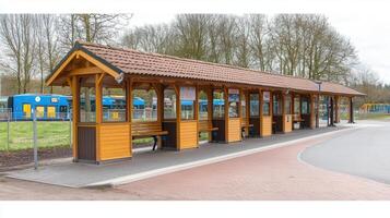 Rural bus stop shelter, waiting passengers, transport depot photo