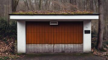 Rustic garage, woodland backdrop, closed door, autumn leaves photo