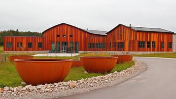 Rustic wood building, landscaped grounds, rural setting photo