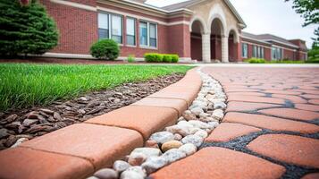 School entrance, brick pathway, landscaping, building background photo