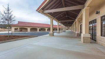 Shops' covered walkway, rural setting, overcast photo