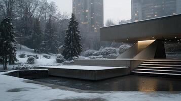 Snowy city plaza, modern building, winter scene photo