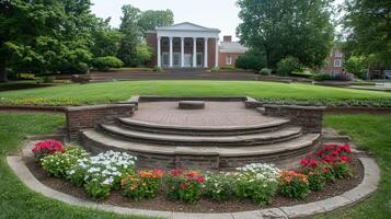 Spring campus garden, brick steps, neoclassical building photo
