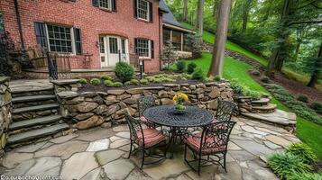 Stone patio, garden, backyard, house, landscaping photo