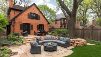 Suburban backyard patio furniture, landscaping, spring photo