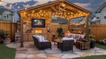 Suburban backyard patio with fire pit, TV, and lights photo
