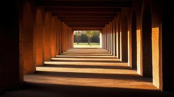 Sunlit arcade pathway, park view, peaceful morning photo
