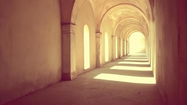 Sunlit arched hallway, ancient building, hope photo