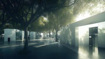 Sunlit park pathway, modern pavilions, people stroll, misty morning, urban oasis photo