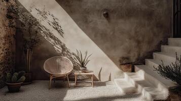 Sunlit patio chair, plants, stairs, textured wall, calm photo